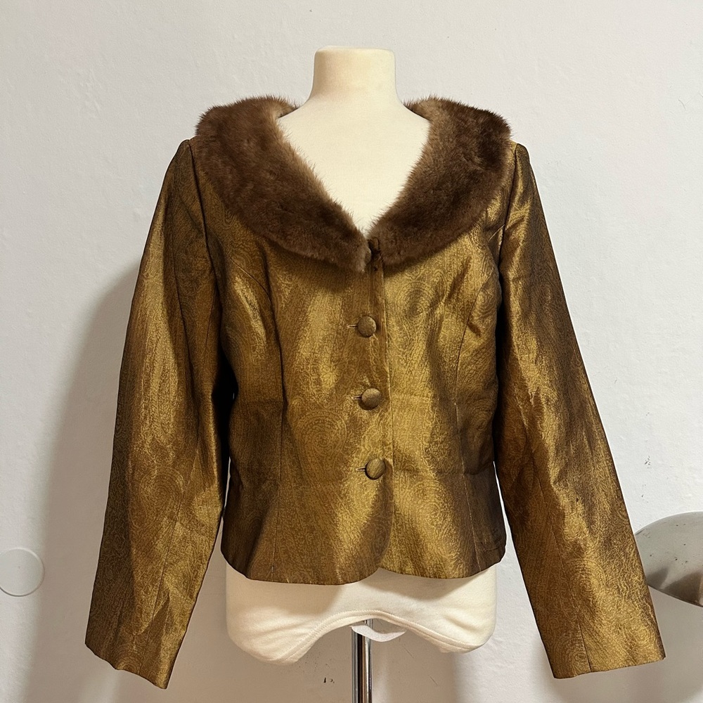 Kay Unger Gold Brocade Jacket with Mink Collar